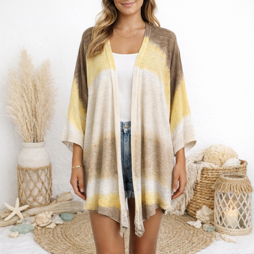 CHICO'S Size 1 (US 8) Shaline Striped Tie-Dye Pointed Hem‎ Tight Knit Cardigan